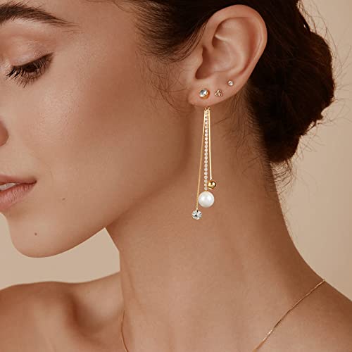 Long Pearl Dangle Earrings For Women, 14K Gold Plated Chain Stud Earring Hypoallergenic Wedding Bridal Tassel Cubic Zirconia Earrings (Style-C) #TOP3
