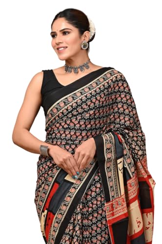 Image of Crafts Moda Hand Block Ajrakh Print Cotton Saree for women with Blouse | Soft comfortable wear sari