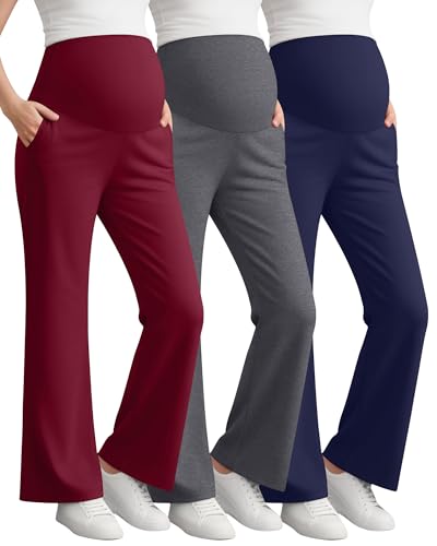 Sweetyweee 3 Pack Women's Maternity Pants Over The Belly Stretchy Pregnancy Sweatpants Bootcut Pregnancy Trousers with Pocket(Navy Blue, Heather Gray, Wine Red,Small)