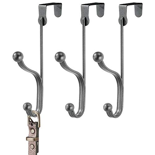 mDesign Decorative Over Door Double Hook Steel Storage Organizer Rack for Coats, Hoodies, Hats, Scarves, Purses, Leashes, Bath Towels, Robes, Clothing - 3 Pack - Graphite Gray