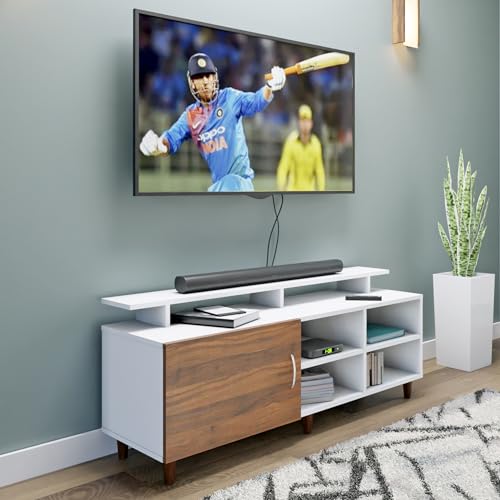 Image of VIKI Modern TV Unit for Living Room | Engineered Wood TV Cabinet with 1 Door Storage, 2 Open Shelves & Extension, Entertainment Unit, 140W x 48H x 40D cm | DIY | 1 Year Warranty (White & Walnut)