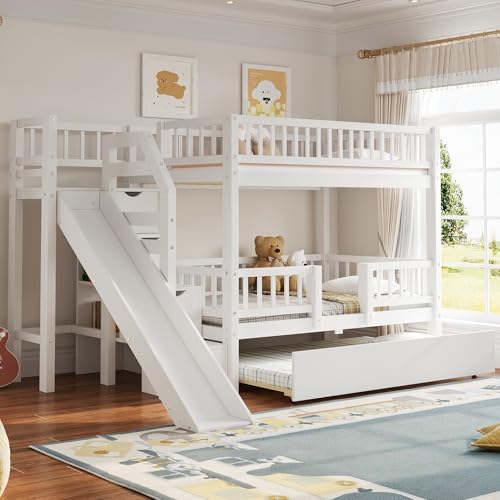 Image of Twin over Twin Bunk Bed with Storage Staircase,Slide and Trundle,White