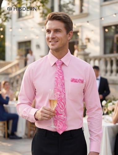 Image of HISDERN Mens Dress Shirt with Tie Pocket Square Set Classic Button Down Shirt Matching Tie Long Sleeve Shirts