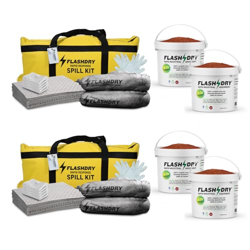 Image of FlashDry Portable Universal Spill Kit - Set of 2 - Yellow Duffle, Bag Tag, 15 Absorbent Pads, 2 3 inch x4' Sorbent Socks, Disposal Bags, Nitrile Gloves, 2 5L Buckets of 100% Organic Coir w /Dispenser Lid