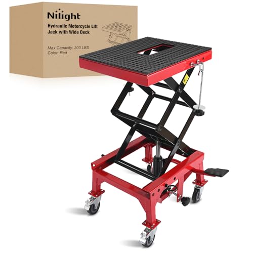 Image of Nilight Motorcycle Lift Table Jack 300 LBS Heavy Duty Hydraulic Motorcycle Scissor Jack Lifts Table Foot Pedal with 4 Caster Wheels Wide Deck for Motorbike Dirt Bike ATV Garage Repair Tool, Red