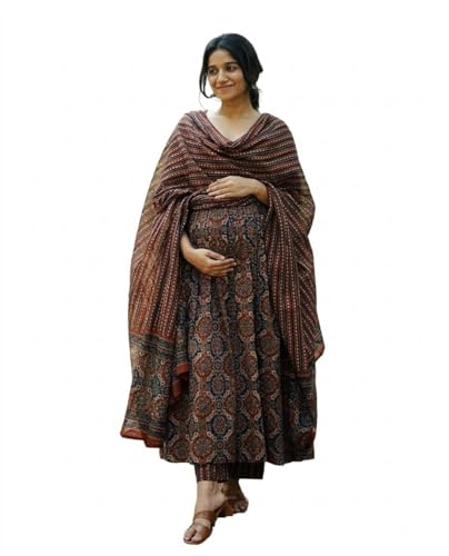 ASSUME FAB Women Viscose Rayon Regular Fit Anarkali Maternity And Nursing Kurta Set With Dupatta - Brown Floral And Geometric Pattern, 3/4 Sleeves, Comfortable Fit(Large Size Available)