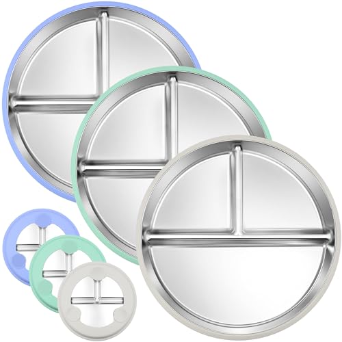 Image of Rycid 3-Pack Stainless Steel Toddler Plates with Suction, BPA-Free Stainless Steel Kids Plates, 9” Divided Baby Plate for Dishwasher Safe, Non-Slip Silicone Base, Detachable Design (Blue, Gray, Green)