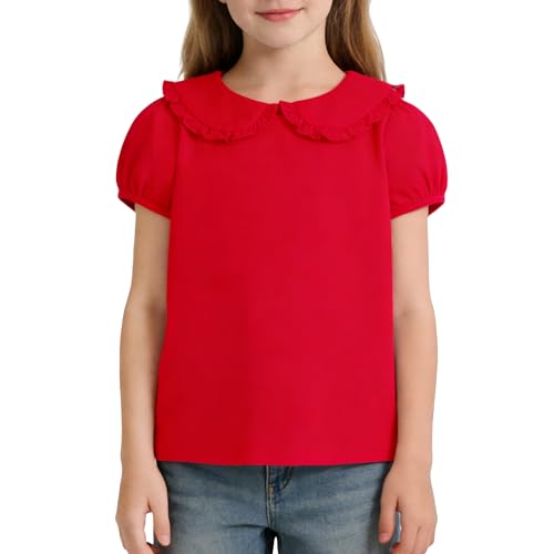 Image of Magic Park 12M-14Y Toddler Short Sleeve T-Shirt Girls Ruffle Blouse Kids Solid Color Tee Casual Tops Holiday Clothes