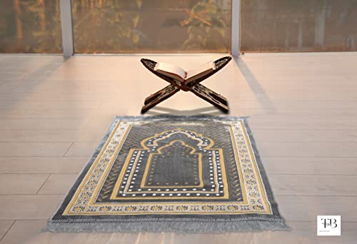 TB Islamic Prayer Rug Soft Velvet Muslim Mat Unique Arabic Turkish African Embroidered Design Prayer Bead Daily Salah Prayer Meditation Ramadan Eid Gift for Women Men Kids (Dark Gray)