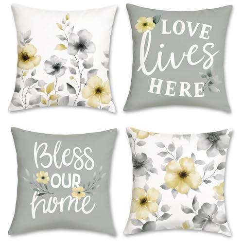 COZZSNUGE Housses de Coussin Fleurs Aquarelle Floral Gris Jaune Moderne Ferme Velouté Taies...