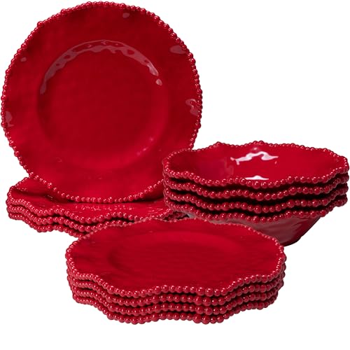 ZAROCRUS 12 pcs Christmas Holiday Melamine Dinnerware Set Ruffled Rim With Beaded Plates and Bowls Set of 4 Lightweight yet Durable Dishes tableware Set Ideal for parties camping and RV trips