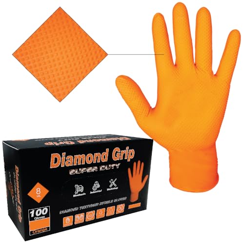 Heavy Duty 8-Mil Industrial Orange Nitrile Gloves with Raised Diamond Texture, X-Large, Latex Free, Powder Free, Pack of 100 (1 Box)