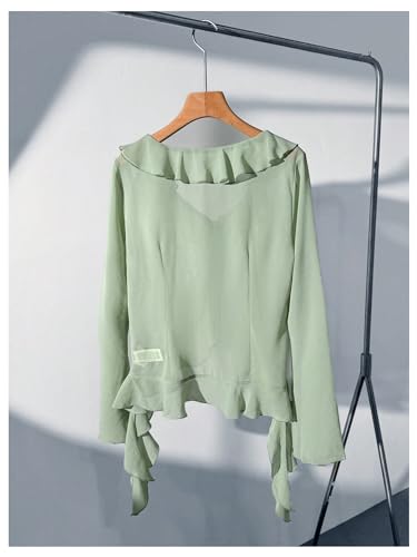 WDIRARA Women's Tie Front Ruffle Sheer Blouse Long Flare Sleeve Going Out Tops Shirt3