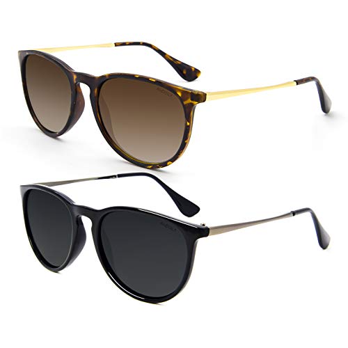 ANDOILT Vintage Polarized Sunglasses for Women Men UV Protection Retro Round Mirrored Lens D1 2pcs Amber Frame Brown Gradient Lens + Black Frame Grey Lens 55 Millimeters