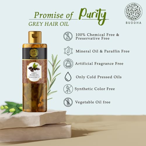 Image of Buddha Natural Grey Hair Oil (150 ml) - Helps Control Premature Greying, Supports Natural Black Hair, Strengthens & Nourishes Roots | Suitable for Men & Women