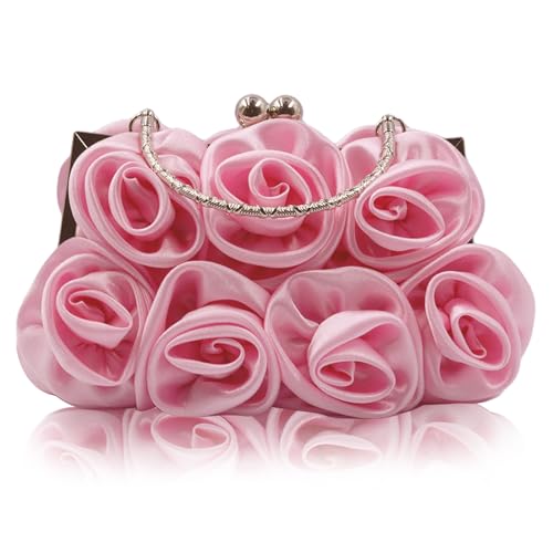 Women Evening Clutch Bag Floral Satin Small Purses with Detachable Strap for Wedding, Party, Prom Pink