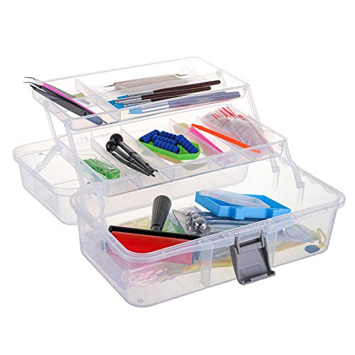Image of Tosnail 12-Inch 3 Layers Plastic Craft Organizer Box Storage Container First Aid Carrying Case for Sewing, Painting, Arts - Clear