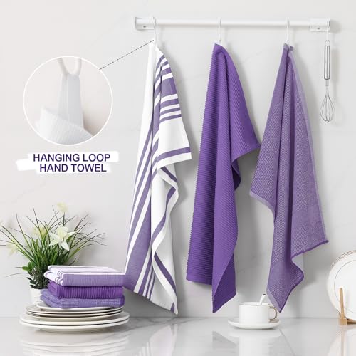 Image of Homaxy Premium Kitchen Towels(18 inchx 28 inch, 3 Pack), Large Cotton 380 GSM Kitchen Hand Towels, Soft and Absorbent Terry Dish Towels, Multipurpose Tea Towel Set with Hanging Loop, Purple