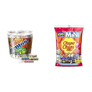 Mentos Mini Fruit Mix Bucket & Chupa Chups Mini Classic Lutscher-Beutel, enthält 100 Mini-Lollis in den 5 Geschmacksrichtungen Cola, Orange, Erdbeere, Apfel & Kirsche, 100 x 6g
