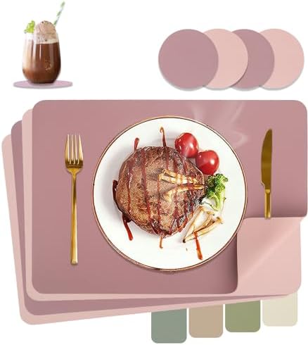 HELI MIAO Tischsets Abwaschbar,Platzsets Abwischbar, Leder,Hitzebeständig Doppelseitigen I 4er Set Platzdeckchen Lederoptik mit Untersetzer,Tischuntersetzer rutschfest,Lila + Rosa