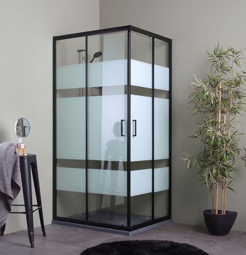 Kiamami Valentina - Mampara de ducha corredera de 90x70 con marco negro y puertas de cristal serigrafiado | City