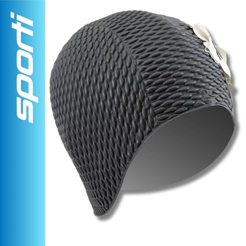 Image of Sporti Floral Bubble Swim Cap - Black /Ivory Flowers