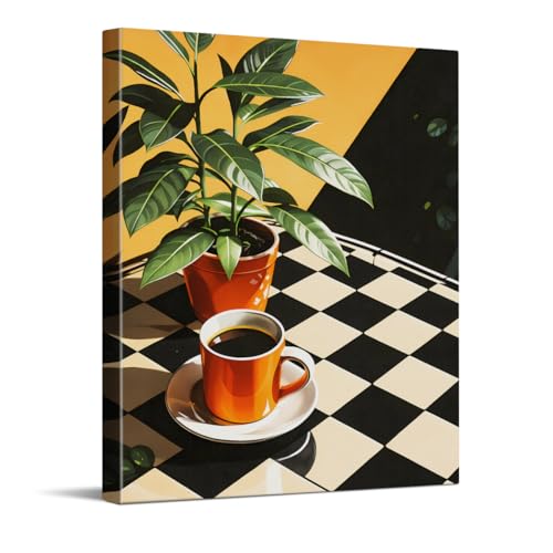 CYFDYVT Retro Coffee Bar Canvas Wall Art Mid Century Modern Checkered Coffee Cup with Potted Plant Art Print Coffee Lover Themed Wall Decor for Kitchen Breakfast Apartment Bistro Home 8x10 inch