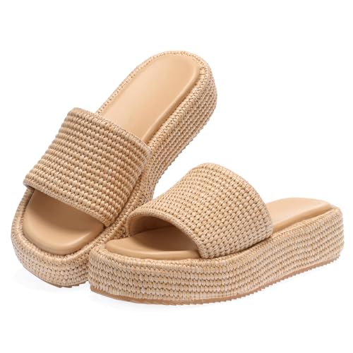 Image of Monrovia Women's Wedge Platform Sandals, Raffia Espadrille Slides, Slip-On Beach Sandals, Lightweight Summer Vacation Shoes Brown Natural Upgrade Size 8.5