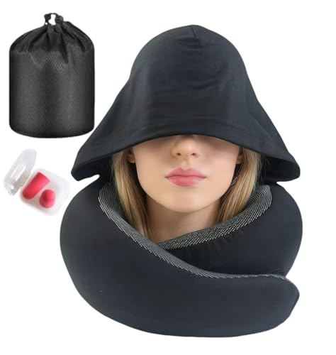 Image of Travel Neck Pillow with Extra Large Hood Rollable Airplane Hooded Neck Pillow with Memory Foam Filling and Removable, Skin-Friendly Cover with a Carrying Pouch (Cationic)