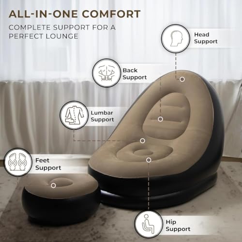 Image of 1-Seater Inflatable Recliner Sofa Chair & Ottoman Stool Set | Soft Velvet Flocked PVC Air Couch for Adults & Kids | Portable Blow Up Lazy Lounge Chair with Electric Air Pump