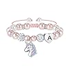 Hidepoo Pulsera de unicornio – Pulsera de perlas rosas y bolas de diamantes de imitación con inicial de corazón, pulseras de unicornio, joyería de unicornio, regalos de unicornio arcoíris CZ pulsera