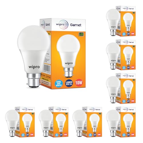 Wipro Garnet 10W LED Bulb for Home & Office |Cool Day White (6500K) | B22 Base|220 degree Light coverage |4Kv Surge Protection |400V High Voltage Protection |Energy Efficient | Pack of 8