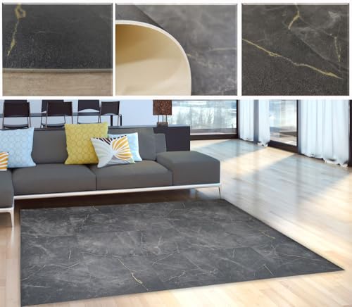 Tadi & Imperio1979 Alfombra Vinilo Gris Antracita Con Dibujo Mármol Veteado y Detalles Oro - para Cocina, Salón y Oficina - Antideslizante