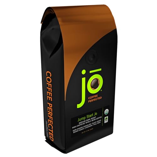 Image of JUMP START JO: High Caffeine Organic Coffee, 12 oz, Whole Bean | Natural Extra Energy Boost, Medium-Dark Roast, Strong Bold Smooth, Dense Crema, USDA Fair Trade Organic Kosher Certified