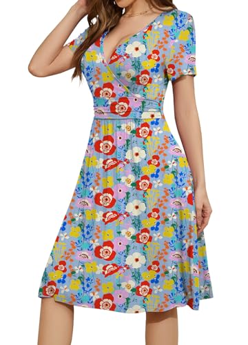 WEACZZY Summer Dress Women Short Sleeve Casual Dress V-Neck Party Floral Dress for Women with Pockets - Image 3
