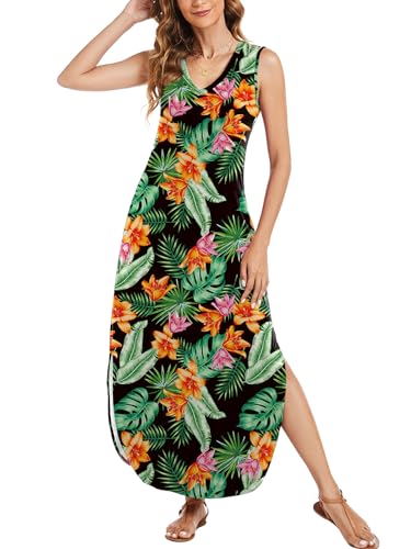 Image of Arolina Maxi Dress for Women Tropical Summer V Neck Sleeveless Split Long Beach Dresses Casual Loose Sundress with Pockets