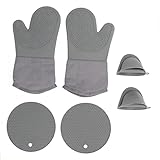 CHEOTIME Ciudades de soporte de guantes y soportes para la olla de horno de 6 piezas, guantes para hornear a prueba de calor sin deslizamiento con guante para horno de cocina para