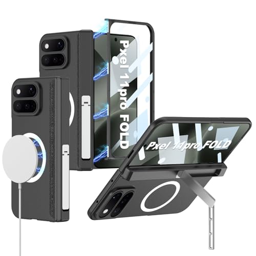 �K�pGoogle Pixel 11 Pro Fold�p�P�[�X�A�����X�N���[���v���e�N�^�[&���C�q���W�ی�ƃL�b�N�X�^���h�A���^�̑ϏՌ����g�ѓd�b�J�o�[�A���C�����X�[�d�ɑΉ� (�u���b�N)