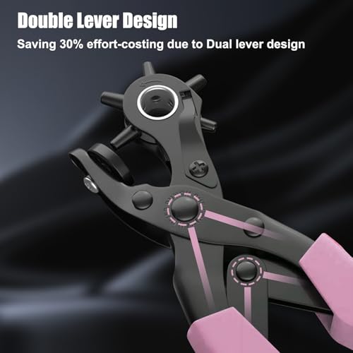 Image of Leather Hole Punch Set, Diyife Revolving Punch Plier Kit, Multi Sized for Belt, Watch Band, Shoes, Crafting, Saddles, Handbag Straps, Fabric or DIY, Pink