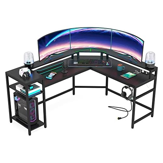 LITTLE TREE L Shaped Gaming Desk: Computer Desk with Power Outlet & LED Stripe, Modern Coner L Desk with Storage Shelves for Home Office - Black