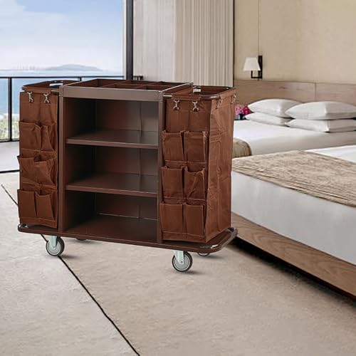 Chariot de conciergerie, Chariot de Nettoyage Commercial à 3 étagères, Chariot de ménage avec roulettes pour hôtel, magasins, écoles et Entreprises,Marron