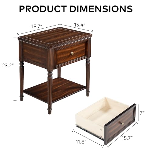 Image of Chogori Solid Wood Nightstands with Drawer, Farmhouse End Table Sofa Side Table with Storage Shelves, Real Wood Beside Table Accent Table for Small Spaces, Living Room, Easy Assembly (Walnut 1PC)
