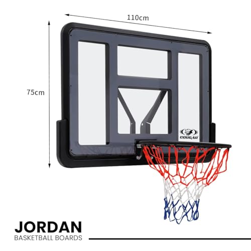 Image of COUGAR Jordan Basketball Backboard 110x75 cm | Wall Mount Shatterproof Acrylic Board with 16mm Steel Ring 45 cm Dia and Net for Outdoor Court Practice and Home Use