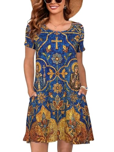 Image of Heymoments Women's Short Sleeve Crewneck Sundress Summer Casual A-Line Beach Dress with Pockets S-2XL