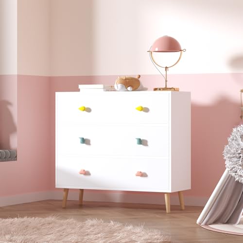 Image of 3-Drawer Chest of Drawers with Colorful Cartoon Handles, Anti-Dumping White Dresser with Solid Wood Legs,Storage Cabinet for Living Room, Closet, Apartment
