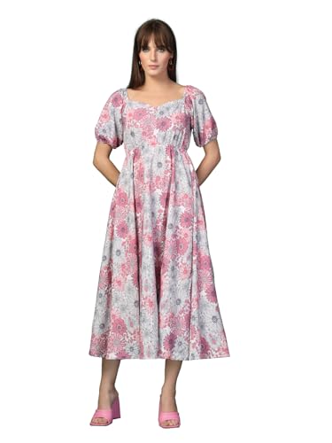 Image of OOMPH! Below Knee Shift Pink Dress in Crepe Fabric with Round Neck and Puff Sleeves - md619l