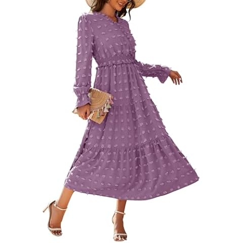 Women's Casual Long Sleeve Wrap V Neck Dresses Swiss Dot Elastic Waist Pleated A Line Flowy Midi Dresses Purple M Cover