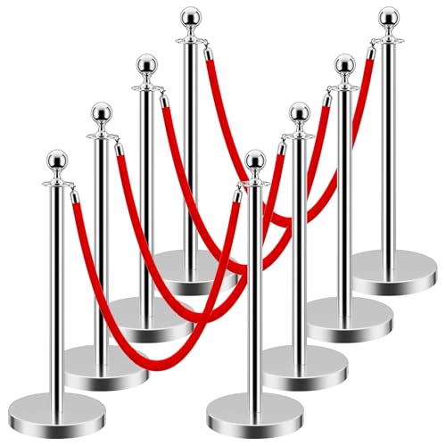 Image of LOVMOR Crowd Control Stanchion, Set with 5 ft /1.5 m Red Velvet Rope, Set of 8 Pieces, Stanchion Rope Divider, Silver Gold Queue Barrier Line Divider with Fillable Plastic Base, Airport