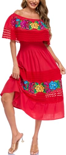 Image of YZXDORWJ Women Embroidered Mexican Peasant Casual Sexy Lace Off-Shoulder Long Dress