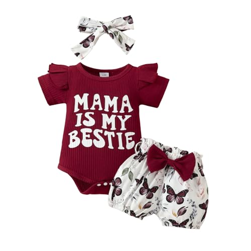 Ursobutegl Mamas Bestie Outfit Newborn Baby Girls Short Ruffle Sleeve Ribbed Romper Floral Shorts Summer Clothing Set(Red-mama is my bestie,3-6 Months)